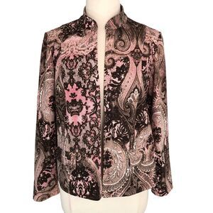 Chico's Sz 1 Soft Open Front Jacket Stretch Geometric Motif Mock Neck Reg sz Med